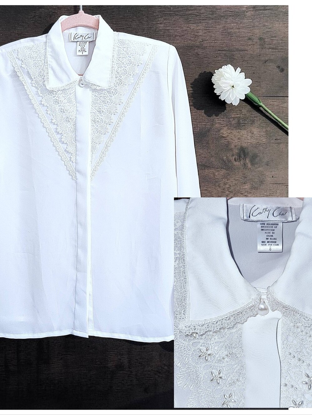 Vintage Kathy Che White Button Up Blouse with Lace & Beaded Details Size 8